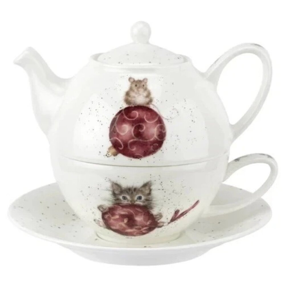 Royal Worcester Wrendale Designs Tea For One Kitten & Mouse Christmas Tea Pot